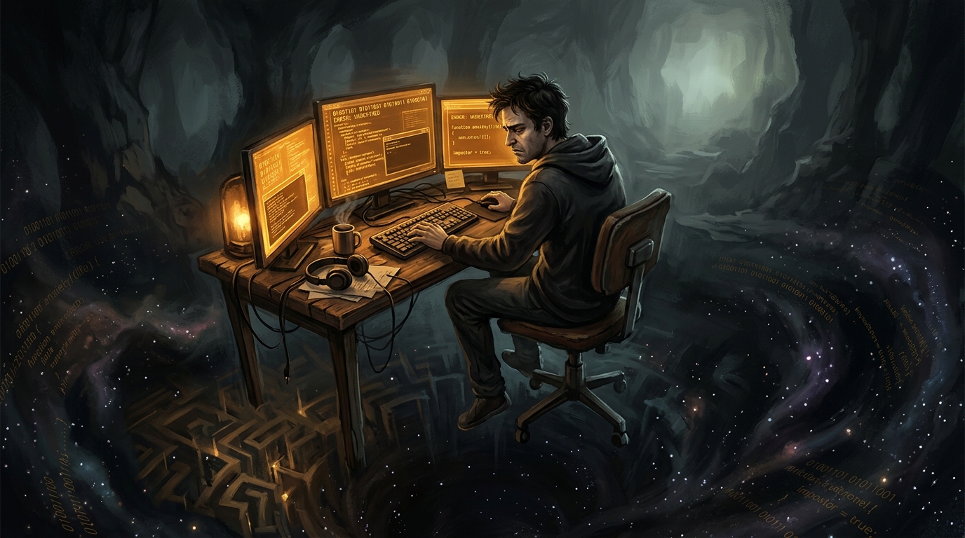 Разработчик перед монитором с кодом в тёмной комнате — метафора синдрома самозванца в IT