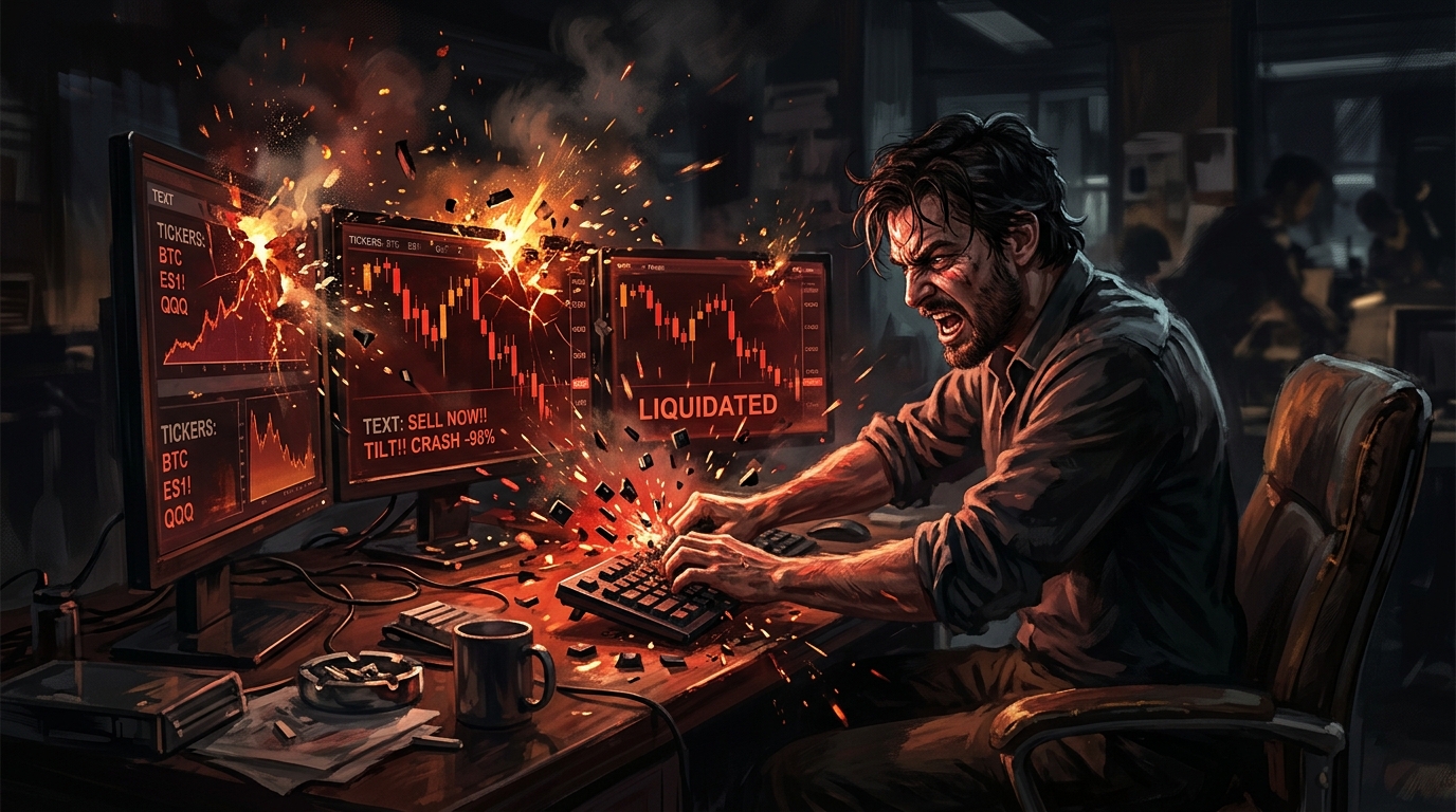 Красные графики на экранах мониторов в тёмной комнате — метафора тильта в трейдинге