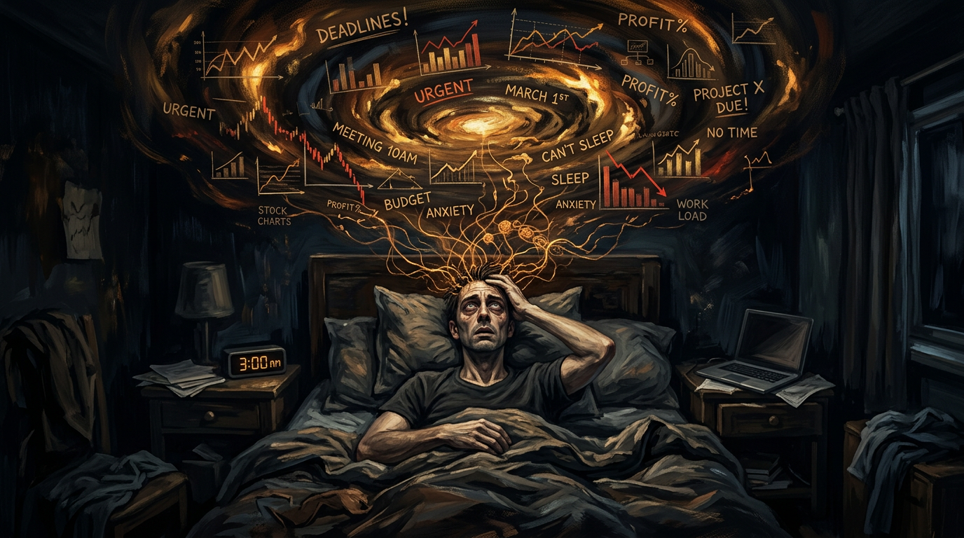 Тёмная спальня, экран телефона светится в темноте, 3:12 на часах — ночная тревога предпринимателя