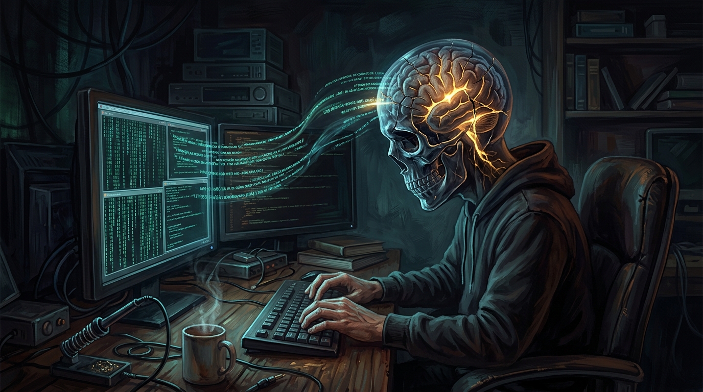 Тёмный рабочий стол разработчика с множеством мониторов и уведомлений — метафора когнитивной перегрузки в IT